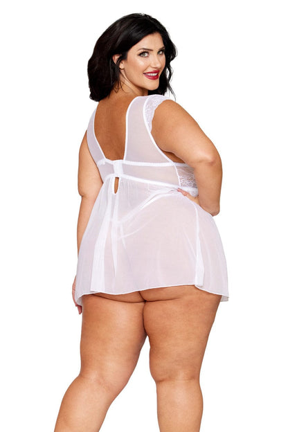 Plus Size White Lace and Mesh Cap Sleeve Babydoll - A-1 Thread Vault