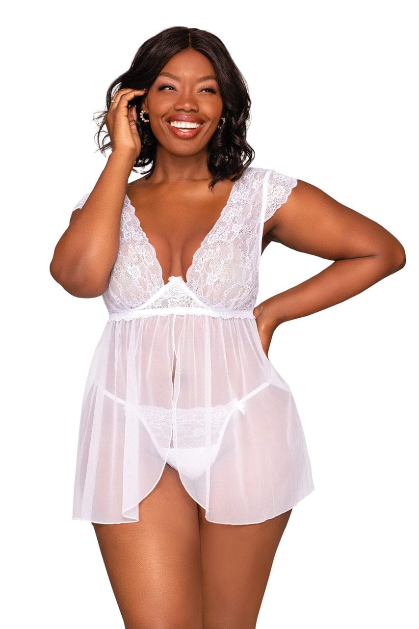 Plus Size White Lace and Mesh Cap Sleeve Babydoll - A-1 Thread Vault
