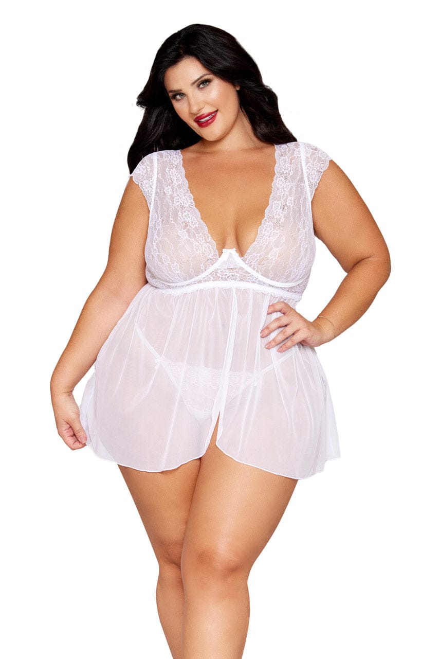 Plus Size White Lace and Mesh Cap Sleeve Babydoll - A-1 Thread Vault