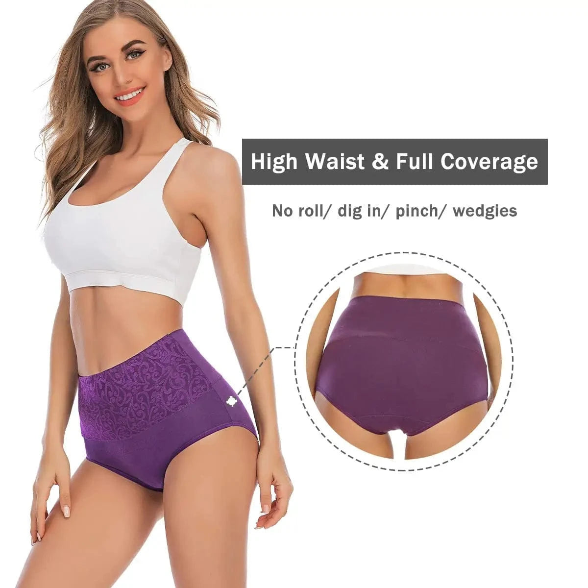 Plus Size Women's Cotton Underwear High Waisted Tummy Control Panties Full Coverage Briefs Jacquard Ladies Panty 3 Pack - A-1 Thread Vault