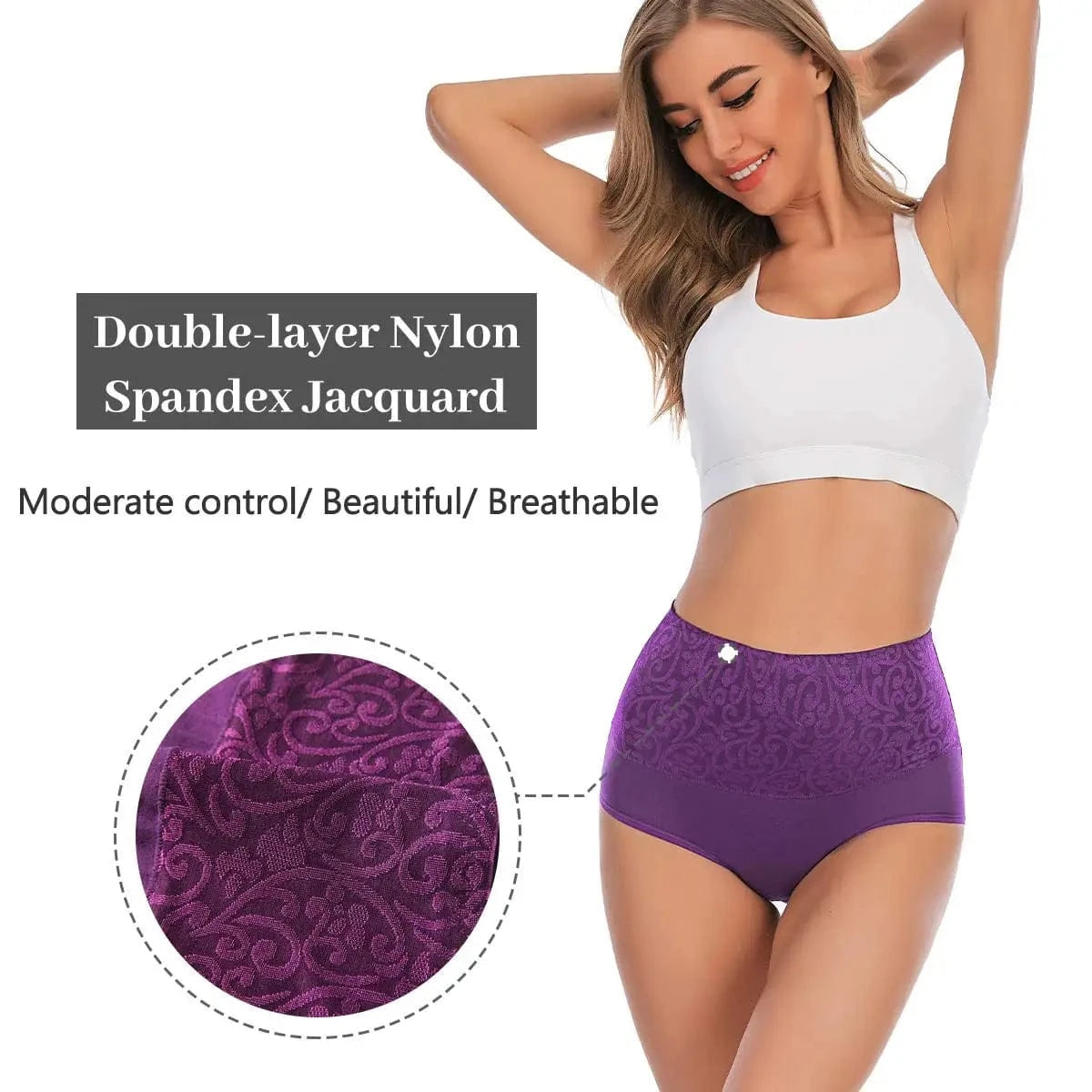 Plus Size Women's Cotton Underwear High Waisted Tummy Control Panties Full Coverage Briefs Jacquard Ladies Panty 3 Pack - A-1 Thread Vault