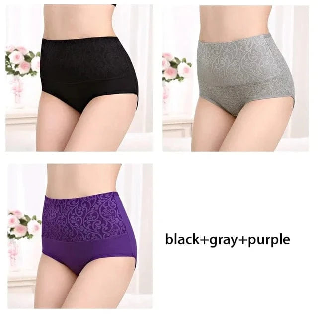 Plus Size Women's Cotton Underwear High Waisted Tummy Control Panties Full Coverage Briefs Jacquard Ladies Panty 3 Pack - A-1 Thread Vault
