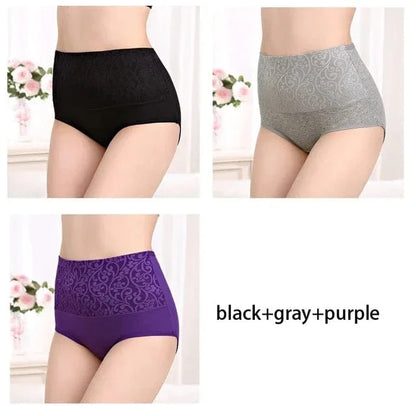 Plus Size Women's Cotton Underwear High Waisted Tummy Control Panties Full Coverage Briefs Jacquard Ladies Panty 3 Pack - A-1 Thread Vault
