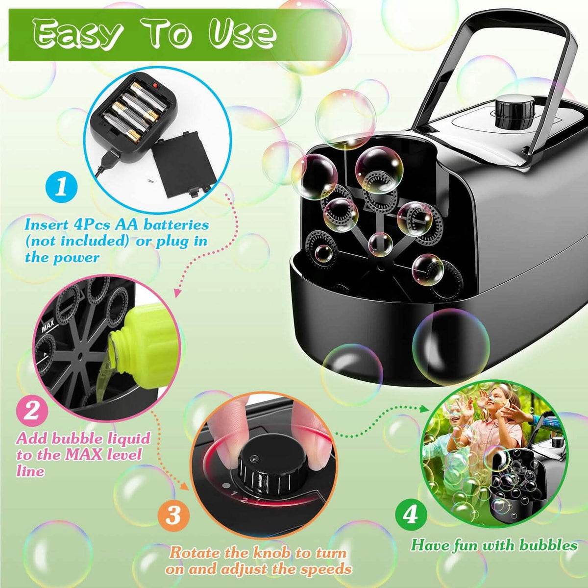 Portable Bubble Blowing Machine with 2 Speeds Handle 3000-4000 Bubbles Per Minute Plug-In Battery Powered - A-1 Thread Vault