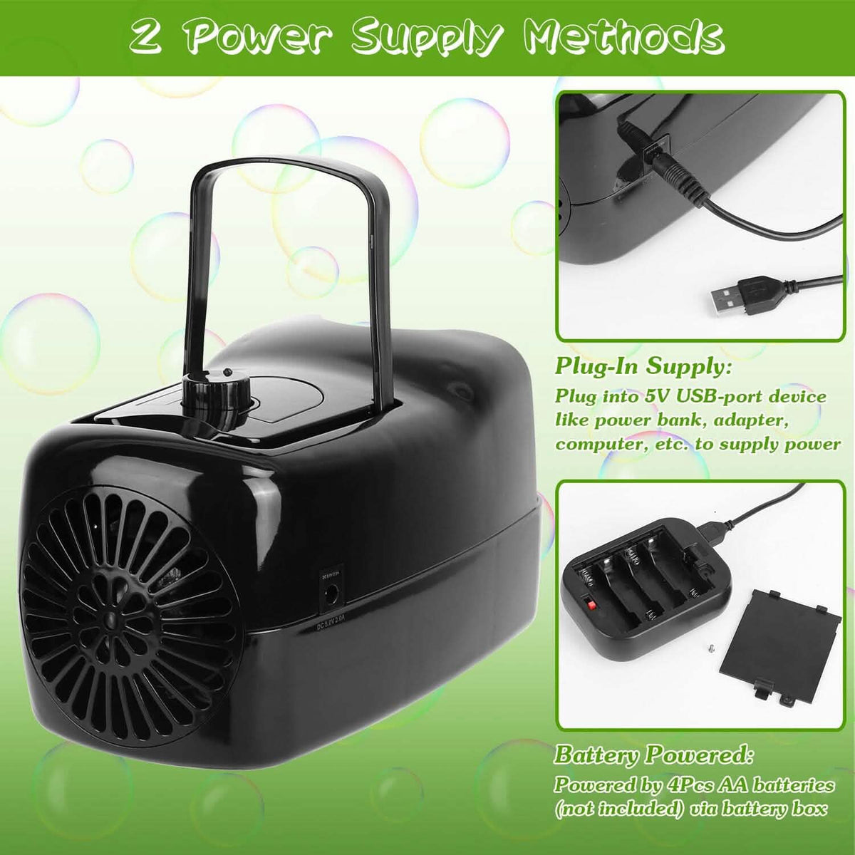 Portable Bubble Blowing Machine with 2 Speeds Handle 3000-4000 Bubbles Per Minute Plug-In Battery Powered - A-1 Thread Vault