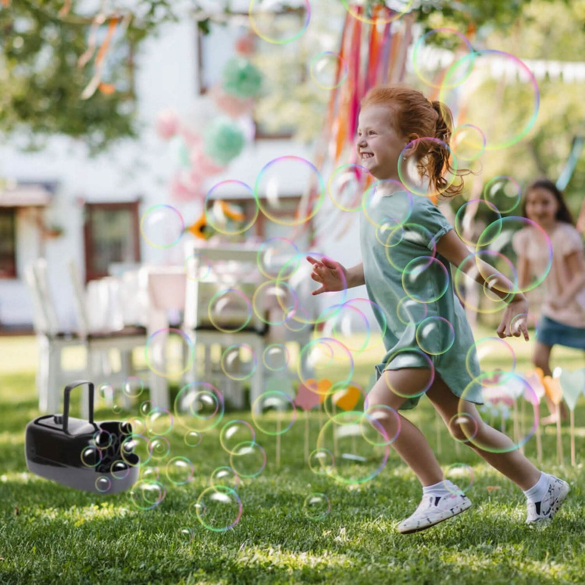 Portable Bubble Blowing Machine with 2 Speeds Handle 3000-4000 Bubbles Per Minute Plug-In Battery Powered - A-1 Thread Vault