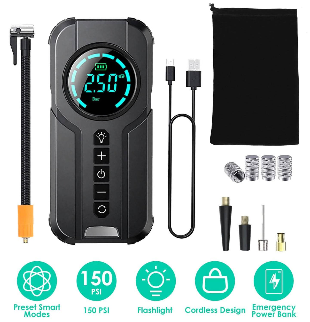 Portable Car Compressor Wireless Electric Air Pump 150 PSI with LED Light - A-1 Thread Vault