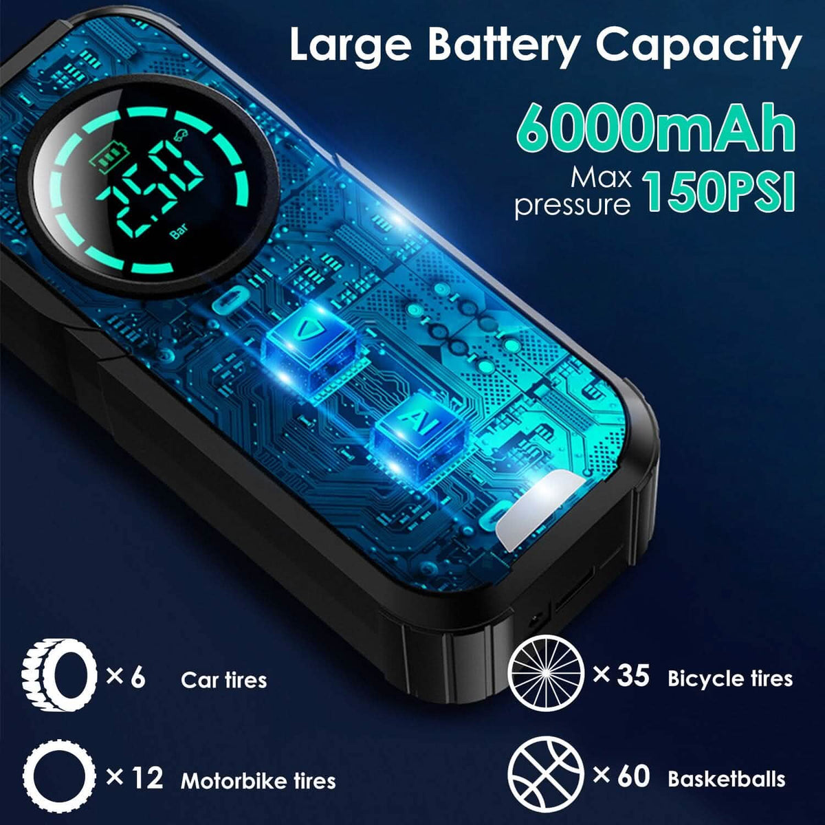 Portable Car Compressor Wireless Electric Air Pump 150 PSI with LED Light - A-1 Thread Vault