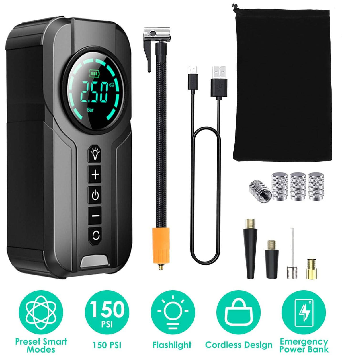 Portable Car Compressor Wireless Electric Air Pump 150 PSI with LED Light - A-1 Thread Vault