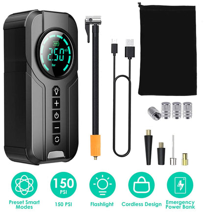 Portable Car Compressor Wireless Electric Air Pump 150 PSI with LED Light - A-1 Thread Vault