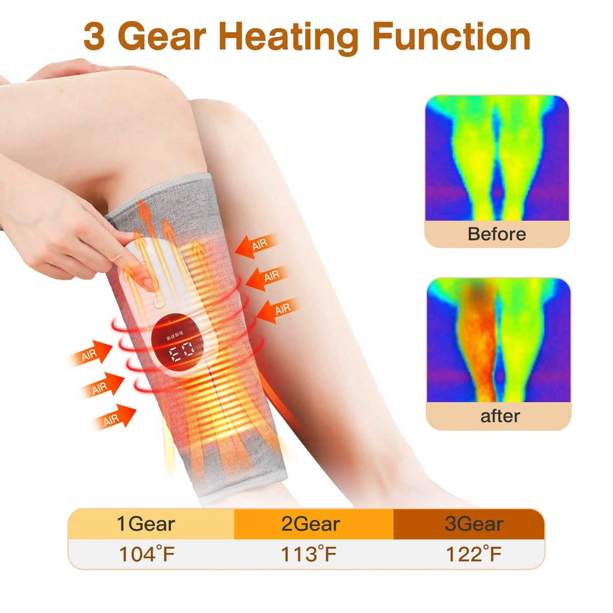 Portable Cordless Rechargeable Air Leg Compression Massage Adjustable Wrap with 3 Modes Intensities Heating Function - A-1 Thread Vault