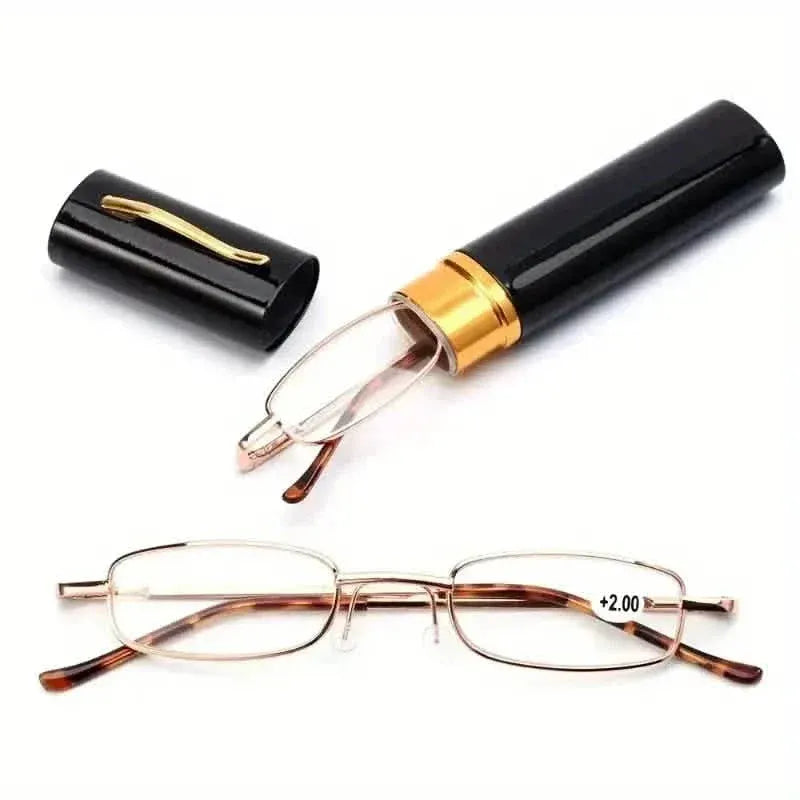 Portable Presbyopia Reading Glasses with Pen Tube Case - Unisex, Metal Frame, Spring Hinge, +1.00~+4.00, Plastic Lens - A-1 Thread Vault