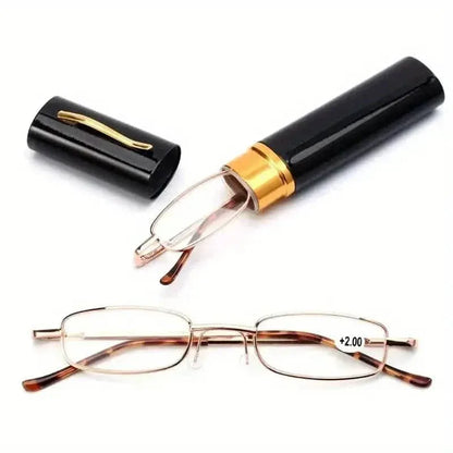 Portable Presbyopia Reading Glasses with Pen Tube Case - Unisex, Metal Frame, Spring Hinge, +1.00~+4.00, Plastic Lens - A-1 Thread Vault