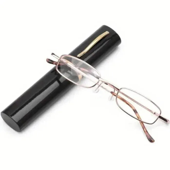 Portable Presbyopia Reading Glasses with Pen Tube Case - Unisex, Metal Frame, Spring Hinge, +1.00~+4.00, Plastic Lens - A-1 Thread Vault