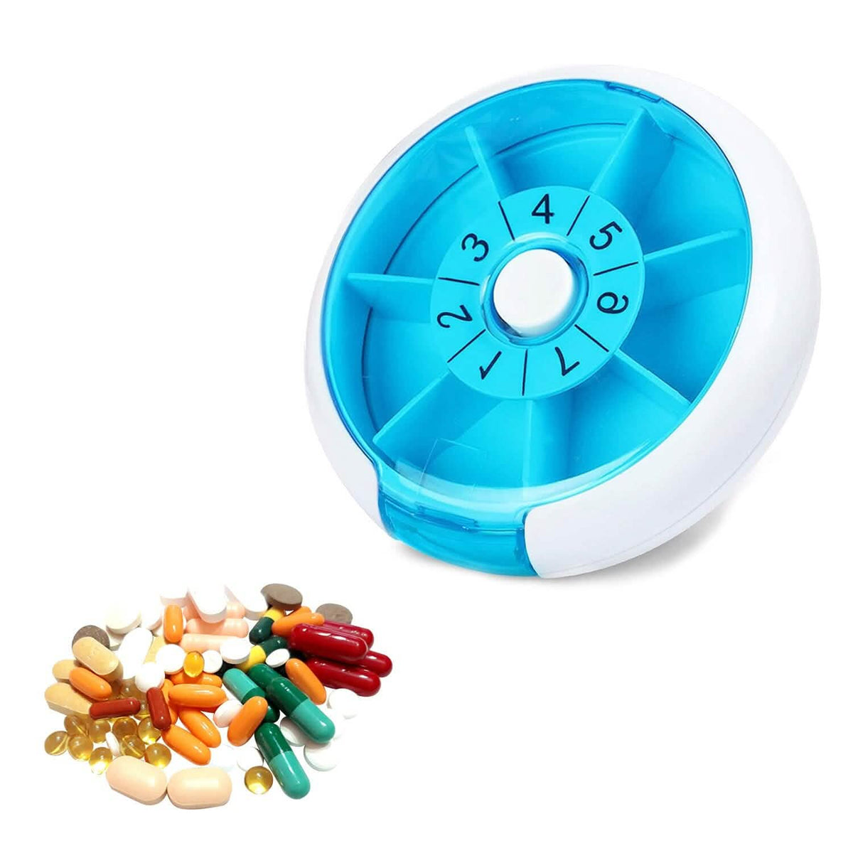 Portable Push Button Rotating Round Case Once A Day Daily Medicine Organizer - A-1 Thread Vault