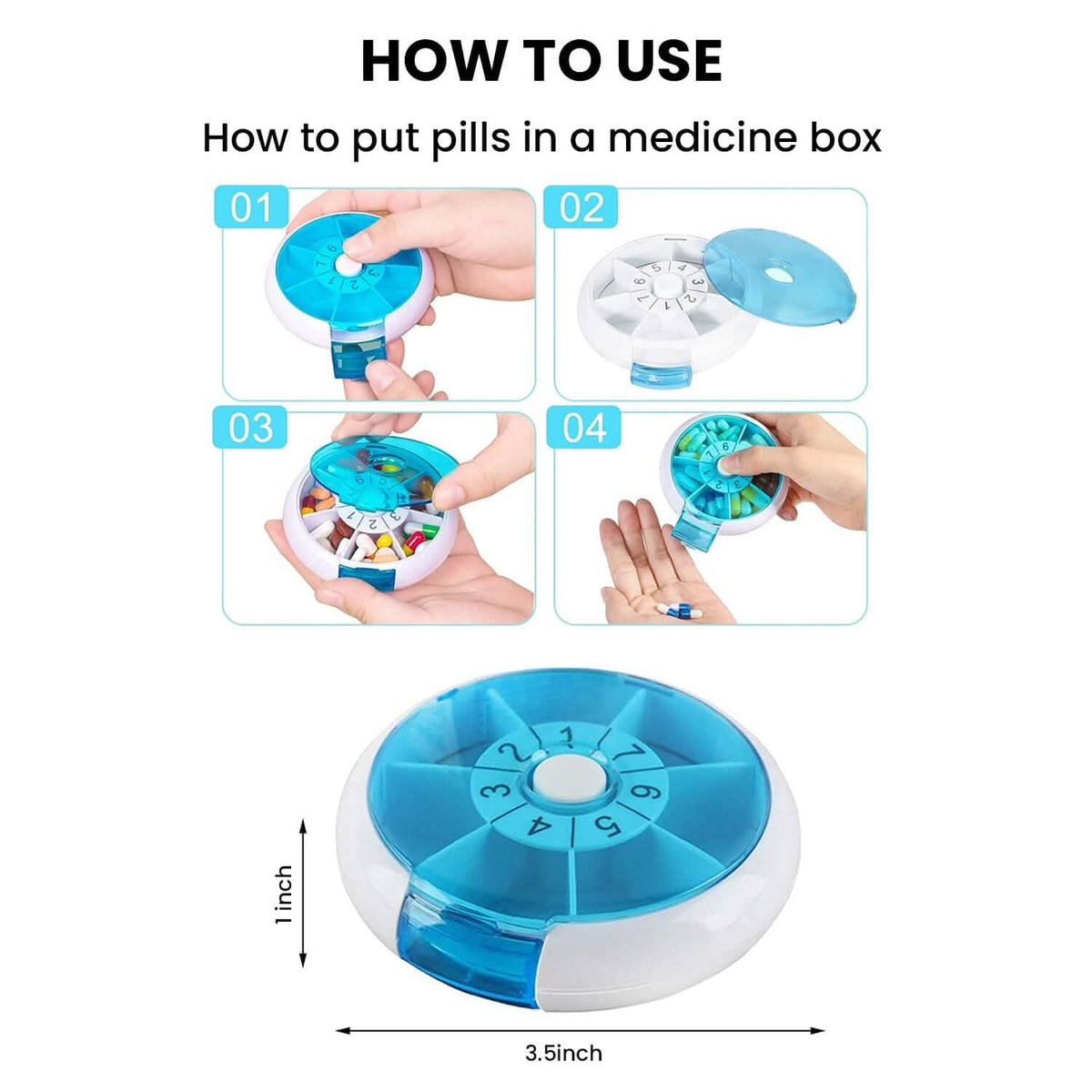 Portable Push Button Rotating Round Case Once A Day Daily Medicine Organizer - A-1 Thread Vault