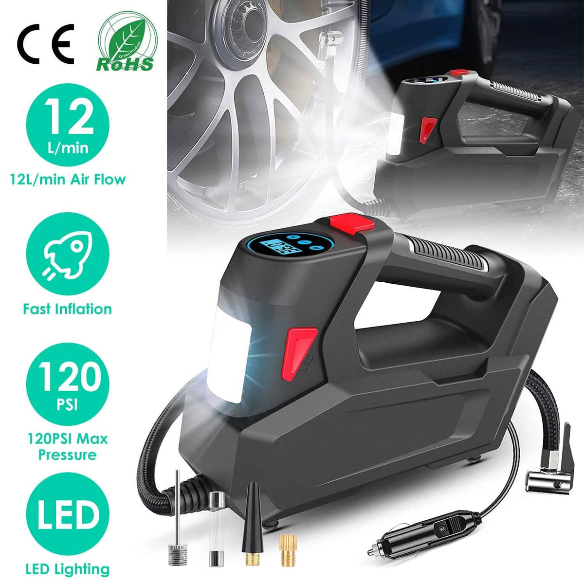 Portable Tire Inflator 120 PSI Maximum 90W Powered Tire Pump with Digital Display LED - A-1 Thread Vault