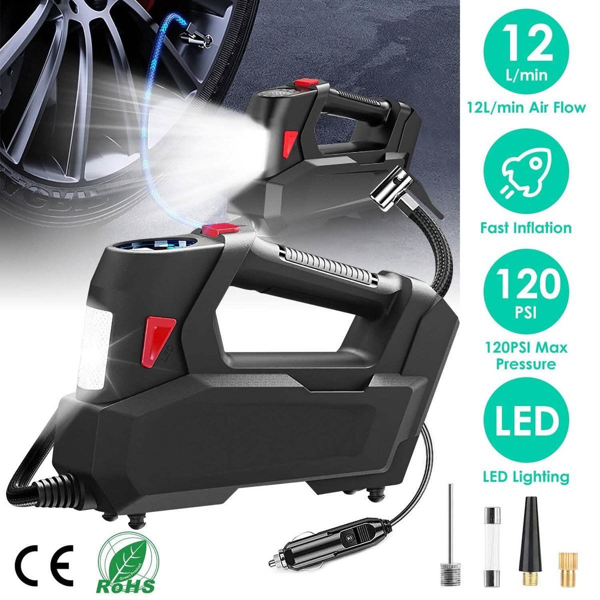Portable Tire Inflator 120 PSI Maximum 90W Powered Tire Pump with Digital Display LED - A-1 Thread Vault