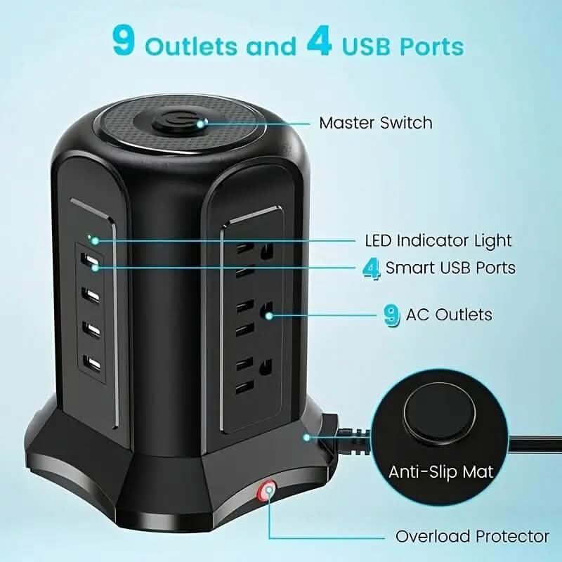 Power Strip Tower with 9 Outlets 4 USB Ports 6.5 Ft. Long Extension Cord - A-1 Thread Vault