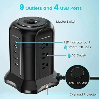 Power Strip Tower with 9 Outlets 4 USB Ports 6.5 Ft. Long Extension Cord - A-1 Thread Vault