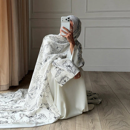 Printed Double-Layer Open Abaya & Hijab Set(MOA324) - A-1 Thread Vault