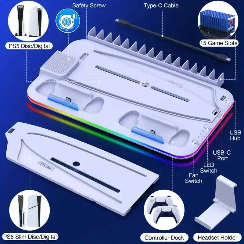 PS5 Cooling Stand with 3-Speed Adjustable Fan, RGB Lights, and Compact Design for PS5 Slim, Digital - A-1 Thread Vault