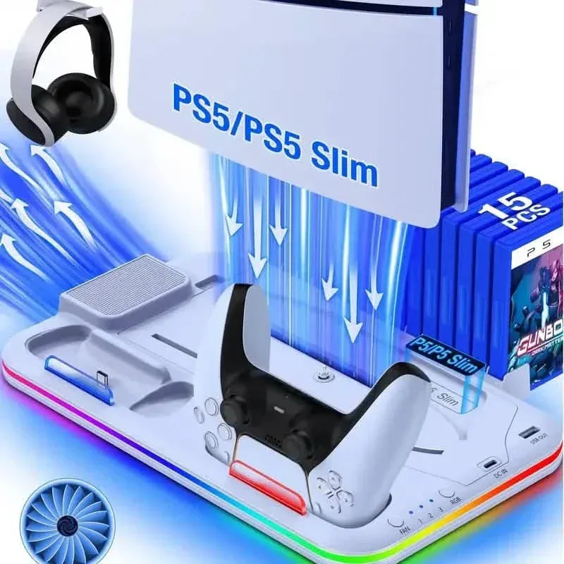 PS5 Cooling Stand with 3-Speed Adjustable Fan, RGB Lights, and Compact Design for PS5 Slim, Digital - A-1 Thread Vault