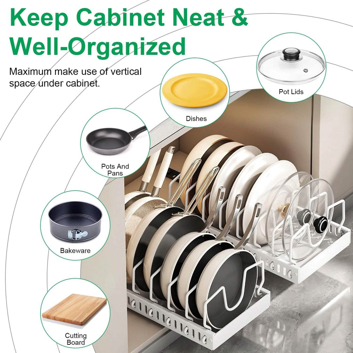 Pull Out Pots and Pans Organizer with 8 Adjustable Dividers - A-1 Thread Vault