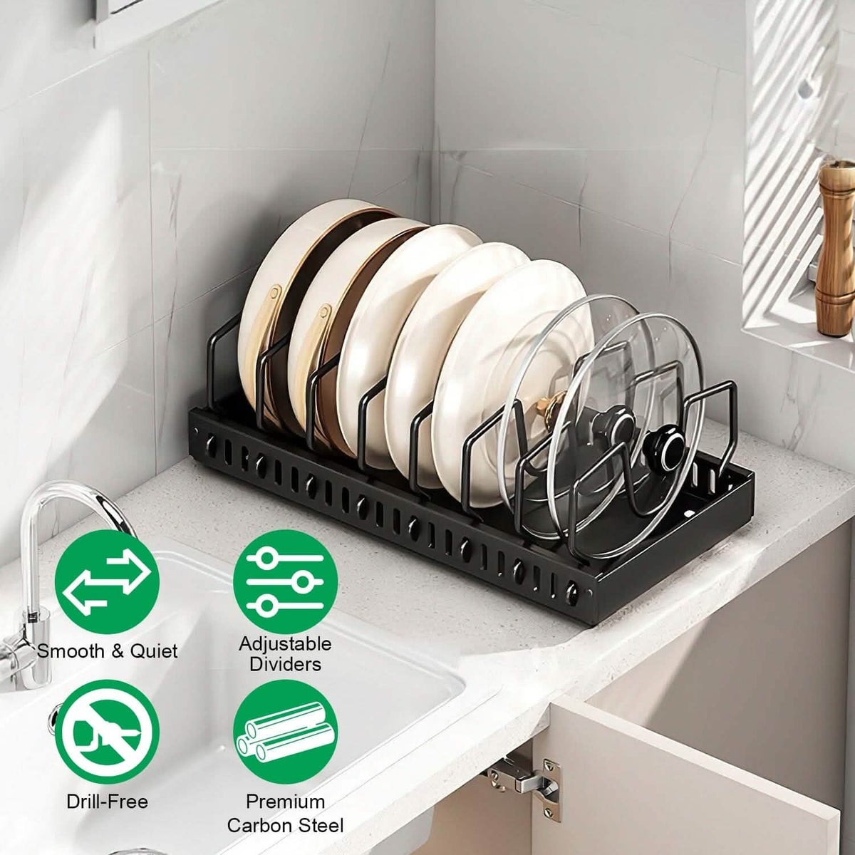 Pull Out Pots and Pans Organizer with 8 Adjustable Dividers - A-1 Thread Vault