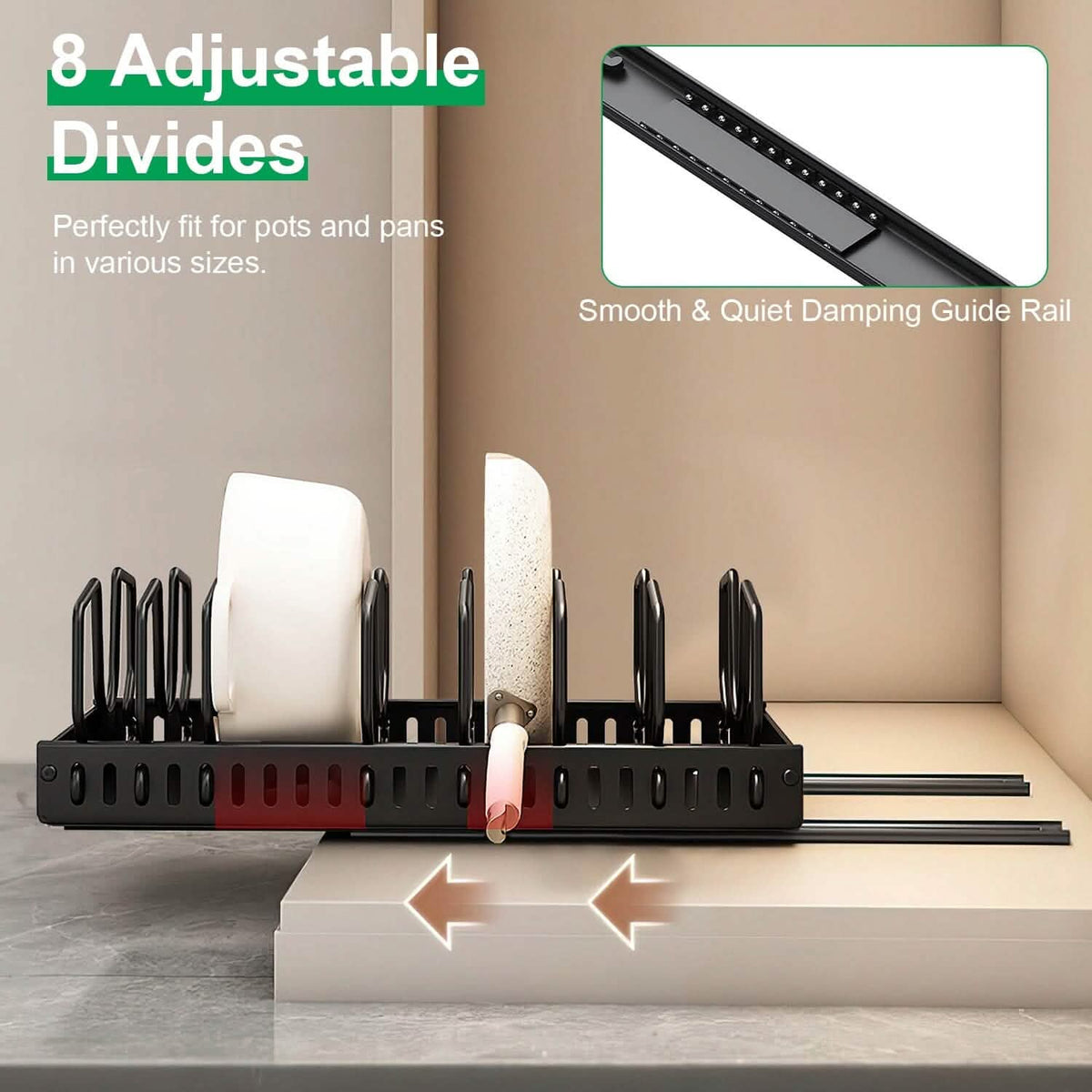 Pull Out Pots and Pans Organizer with 8 Adjustable Dividers - A-1 Thread Vault