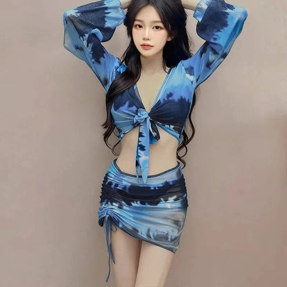 Pure Desire Women's Bikini Swimsuit Set Conservative Slimming Small Chest Gathered Holiday Swimwear Four-Piece Ensemble - A-1 Thread Vault