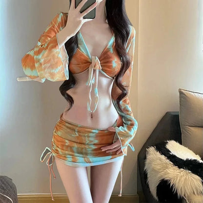 Pure Desire Women's Bikini Swimsuit Set Conservative Slimming Small Chest Gathered Holiday Swimwear Four-Piece Ensemble - A-1 Thread Vault