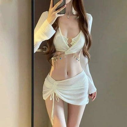 Pure Desire Women's Bikini Swimsuit Set Conservative Slimming Small Chest Gathered Holiday Swimwear Four-Piece Ensemble - A-1 Thread Vault