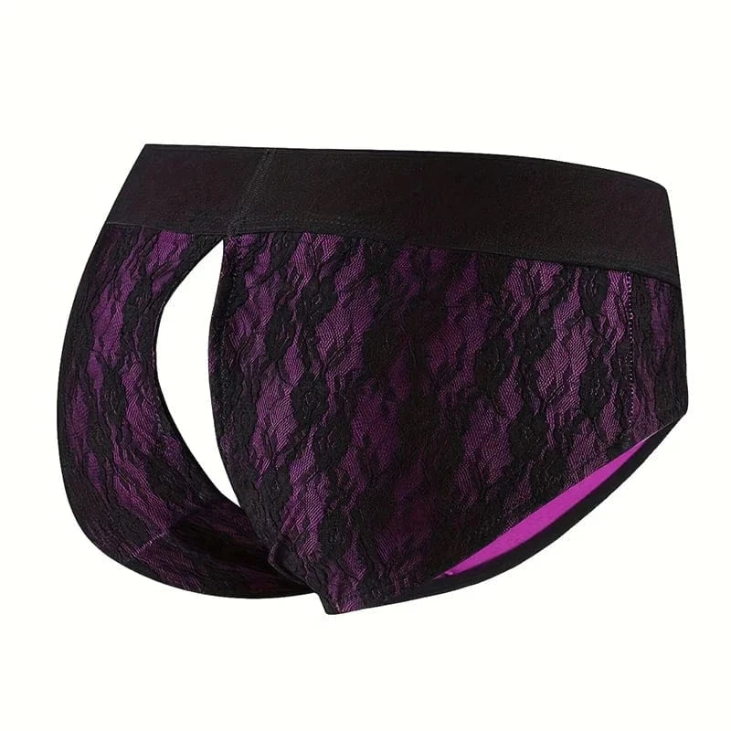 Purple Lace Low-Rise Briefs with Sexy Cut-Out Detail - 1.77inch(4.5cm) Silicone O-Ring Stretch Nylon Strap On Harness Briefs - A-1 Thread Vault