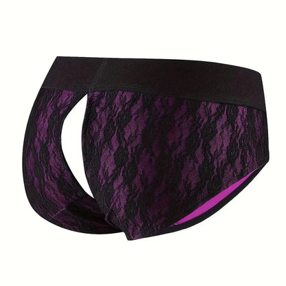 Purple Lace Low-Rise Briefs with Sexy Cut-Out Detail - 1.77inch(4.5cm) Silicone O-Ring Stretch Nylon Strap On Harness Briefs - A-1 Thread Vault