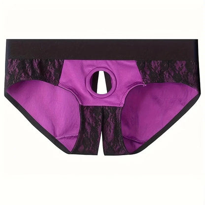 Purple Lace Low-Rise Briefs with Sexy Cut-Out Detail - 1.77inch(4.5cm) Silicone O-Ring Stretch Nylon Strap On Harness Briefs - A-1 Thread Vault