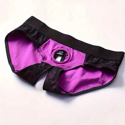 Purple Lace Low-Rise Briefs with Sexy Cut-Out Detail - 1.77inch(4.5cm) Silicone O-Ring Stretch Nylon Strap On Harness Briefs - A-1 Thread Vault