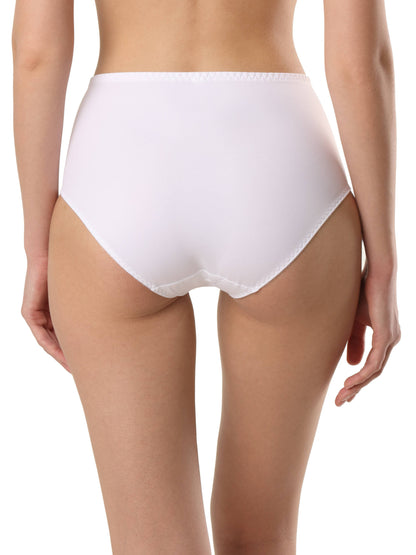 A pair of plain white high-waisted briefs shown from the back on a person, featuring full back coverage and delicate trim along the leg openings.
