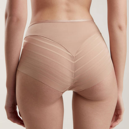 Nude-colored high-cut briefs with a solid waistband and sheer striped detailing across the back.