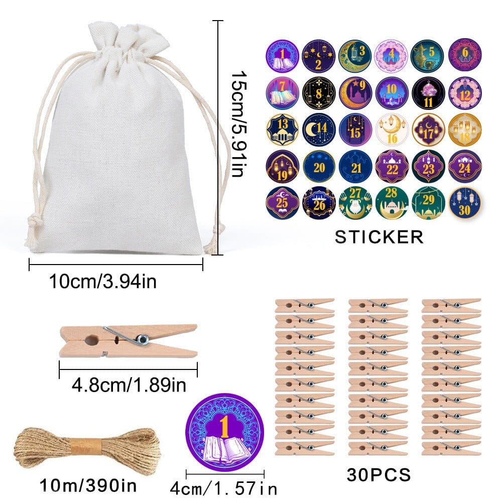 Ramadan 1–30 Countdown Calendar Gift Bag Set Drawstring Hanging Pouches (MAC385) - A-1 Thread Vault
