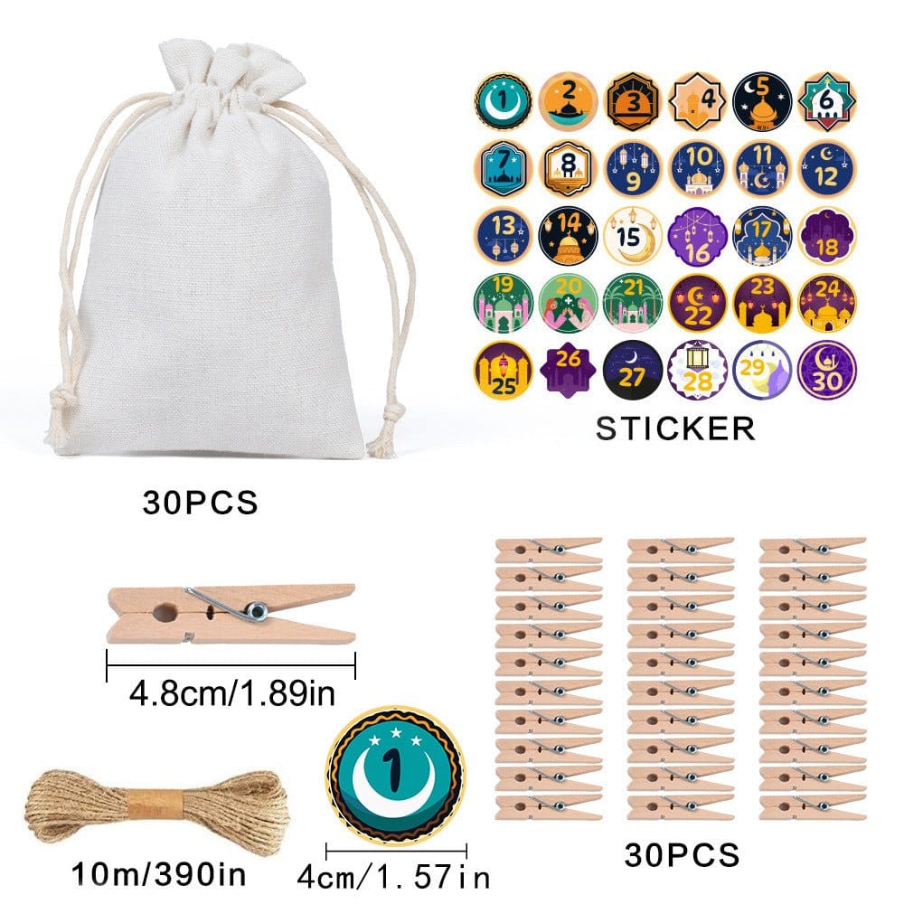 Ramadan 1–30 Countdown Calendar Gift Bag Set Drawstring Hanging Pouches (MAC385) - A-1 Thread Vault