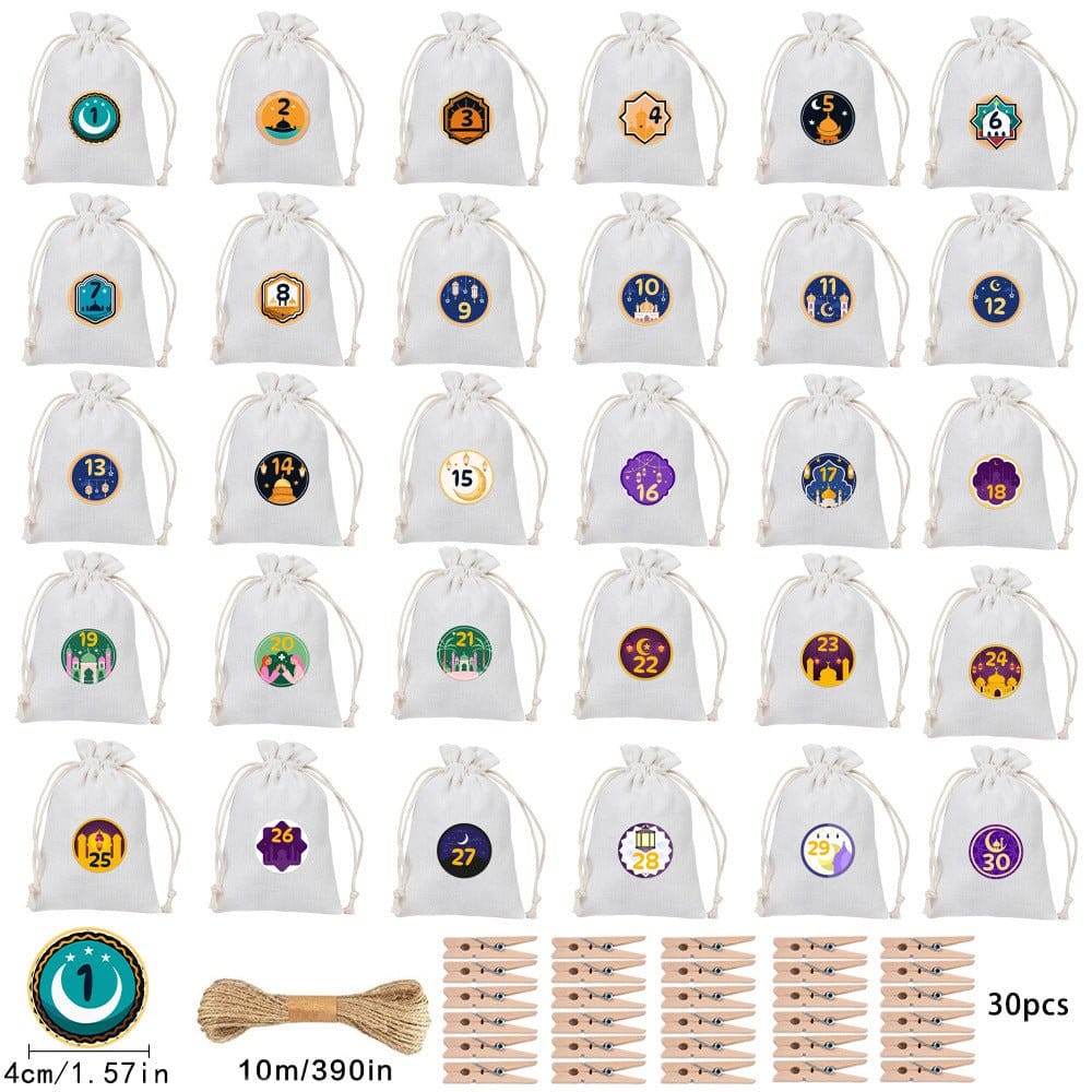 Ramadan 1–30 Countdown Calendar Gift Bag Set Drawstring Hanging Pouches (MAC385) - A-1 Thread Vault