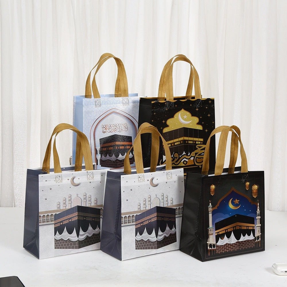 Ramadan Eid Mubarak Handheld Gift Bag Set | Kaaba Print Non-Woven Tote Bags (MAC388) - A-1 Thread Vault