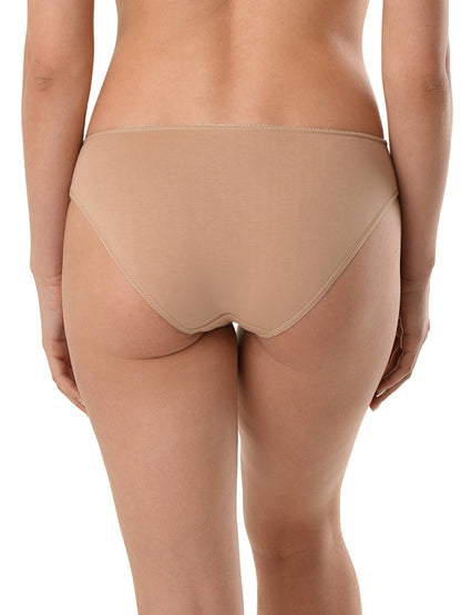 A pair of nude-colored bikini-style panties worn by a person, seen from the back, featuring a simple seamless design and minimal trim.