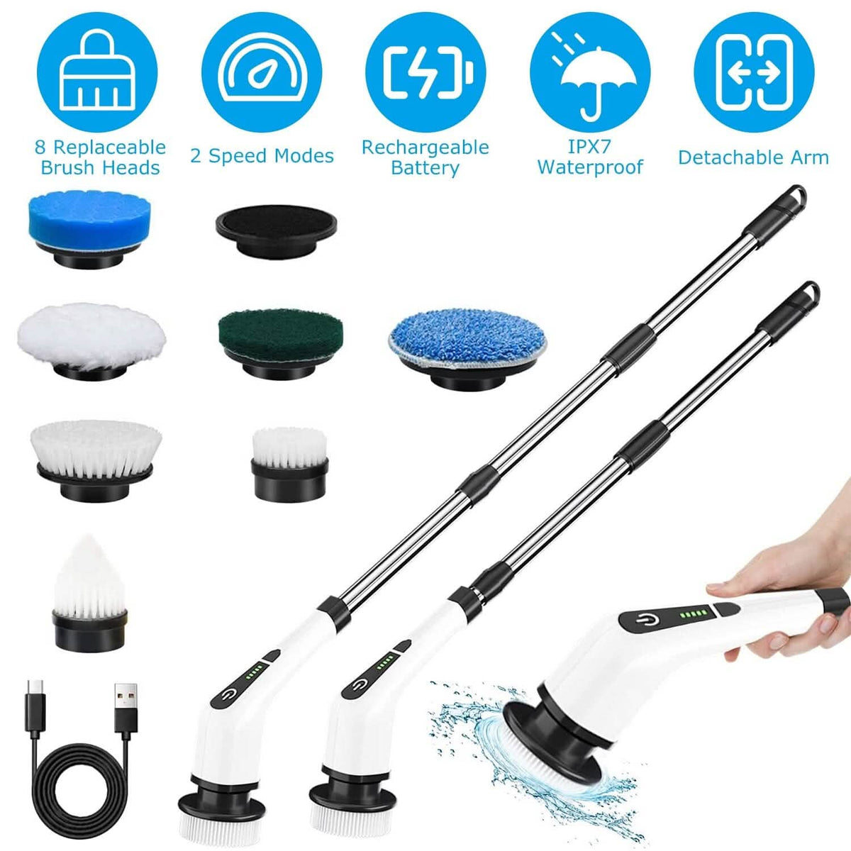 Rechargeable Electric Spin Scrubber 8 Brush Replaceable Heads 2 Speed - A-1 Thread Vault