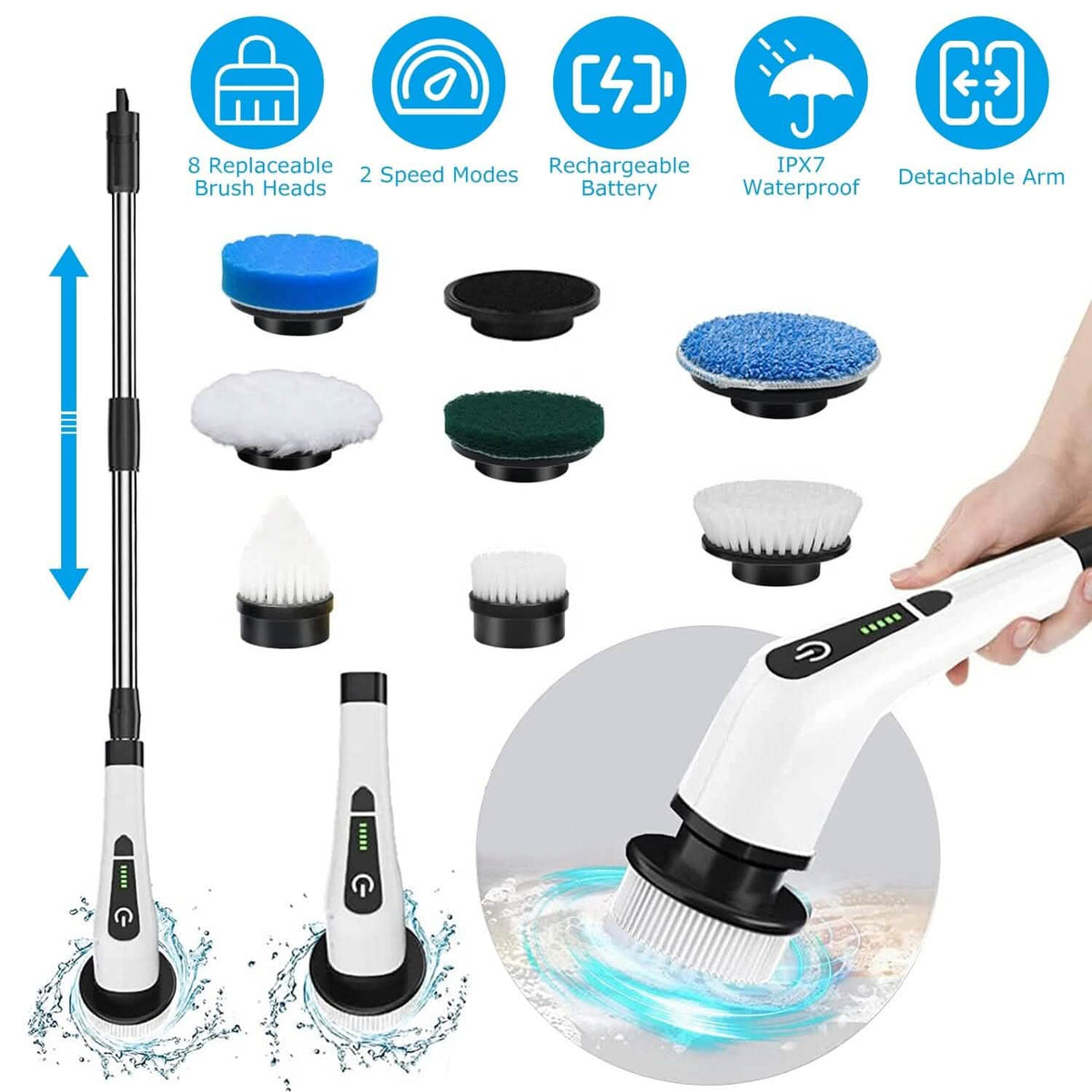 Rechargeable Electric Spin Scrubber 8 Brush Replaceable Heads 2 Speed - A-1 Thread Vault