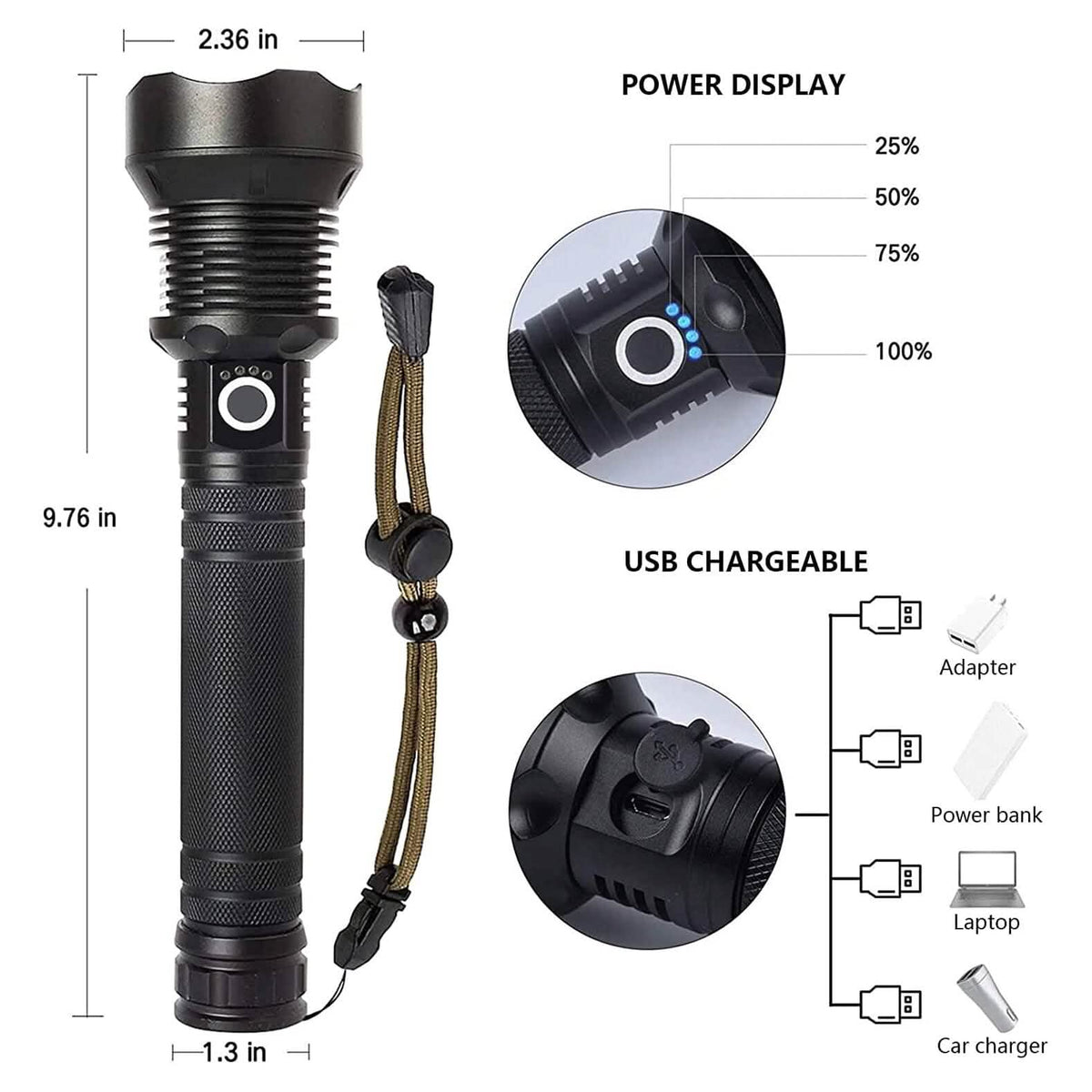 Rechargeable LED Flashlights 90000 Lumens - A-1 Thread Vault