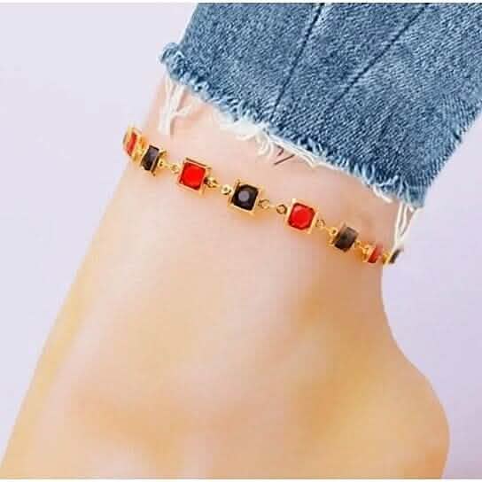 Red And Crystal Square Ankle Bracelet - A-1 Thread Vault