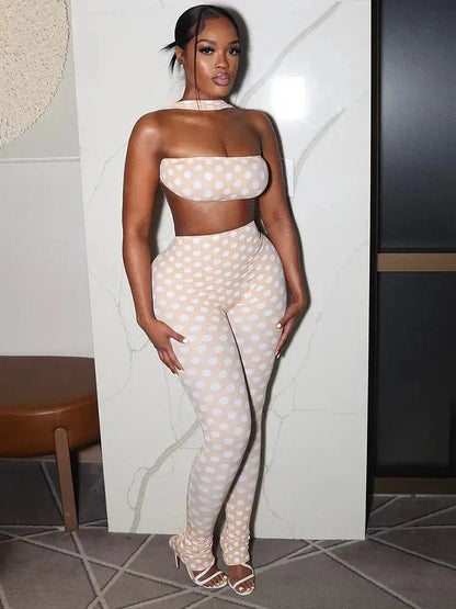 Retro Dot Bandeau Crop Top & High-Waist Leggings Set - A-1 Thread Vault