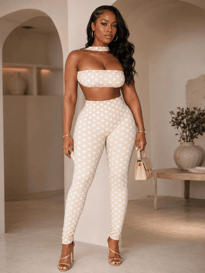 Retro Dot Bandeau Crop Top & High-Waist Leggings Set - A-1 Thread Vault